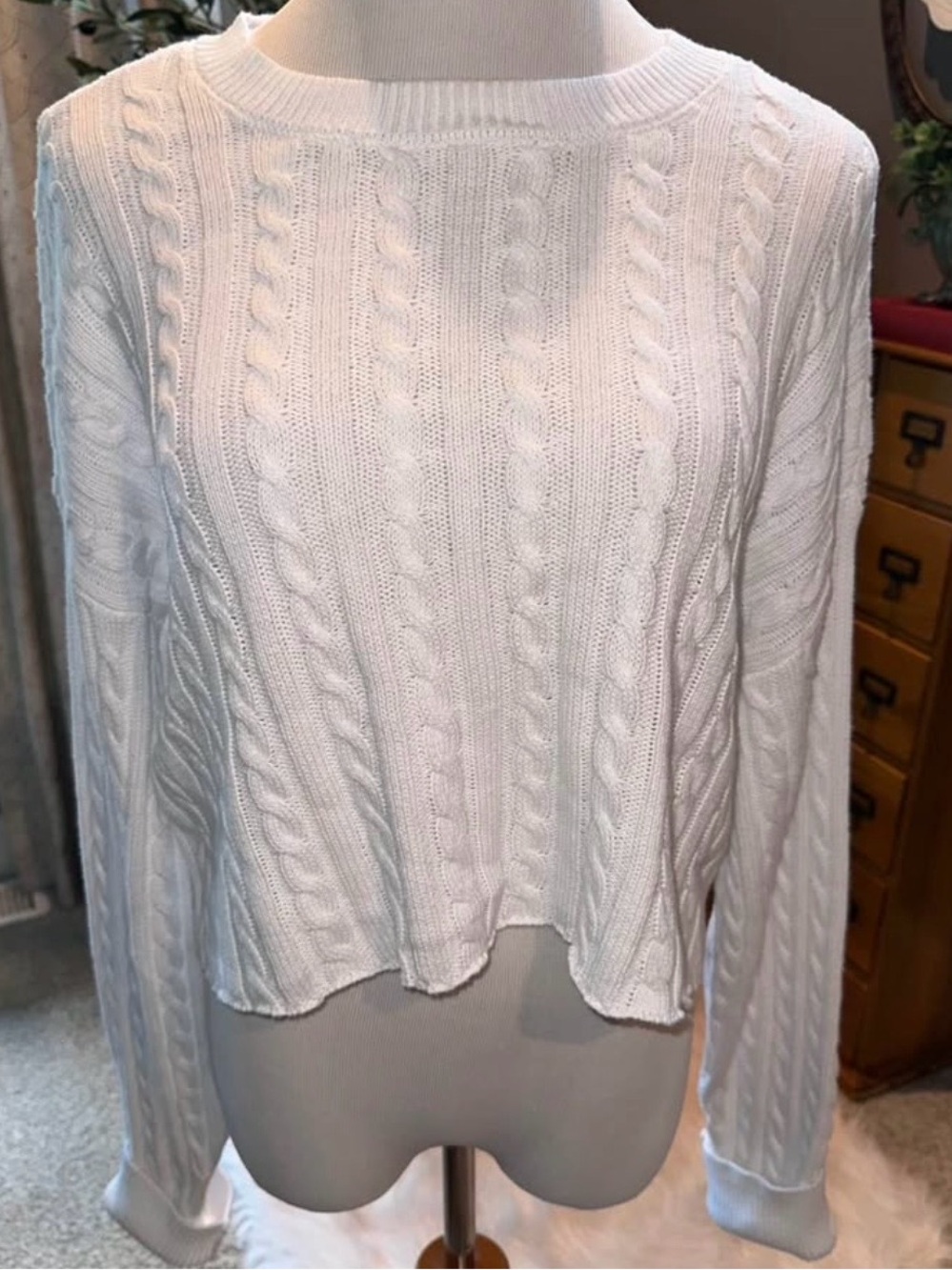 NWT Aerie White Cable Knit Cropped Sweater 100% Cotton